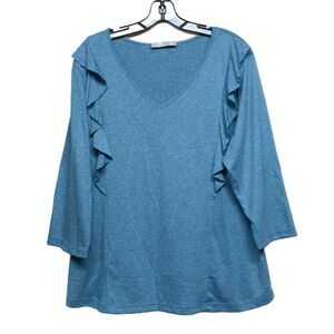 NEW Lee Riders Womens Blue Ruffle Long Sleeve V Neck Blouse Model TXP18 Size 1X